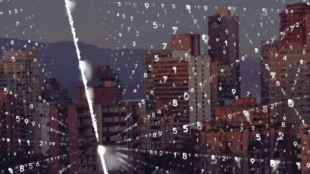 animación de la codificación binaria sobre el paisaje urbano