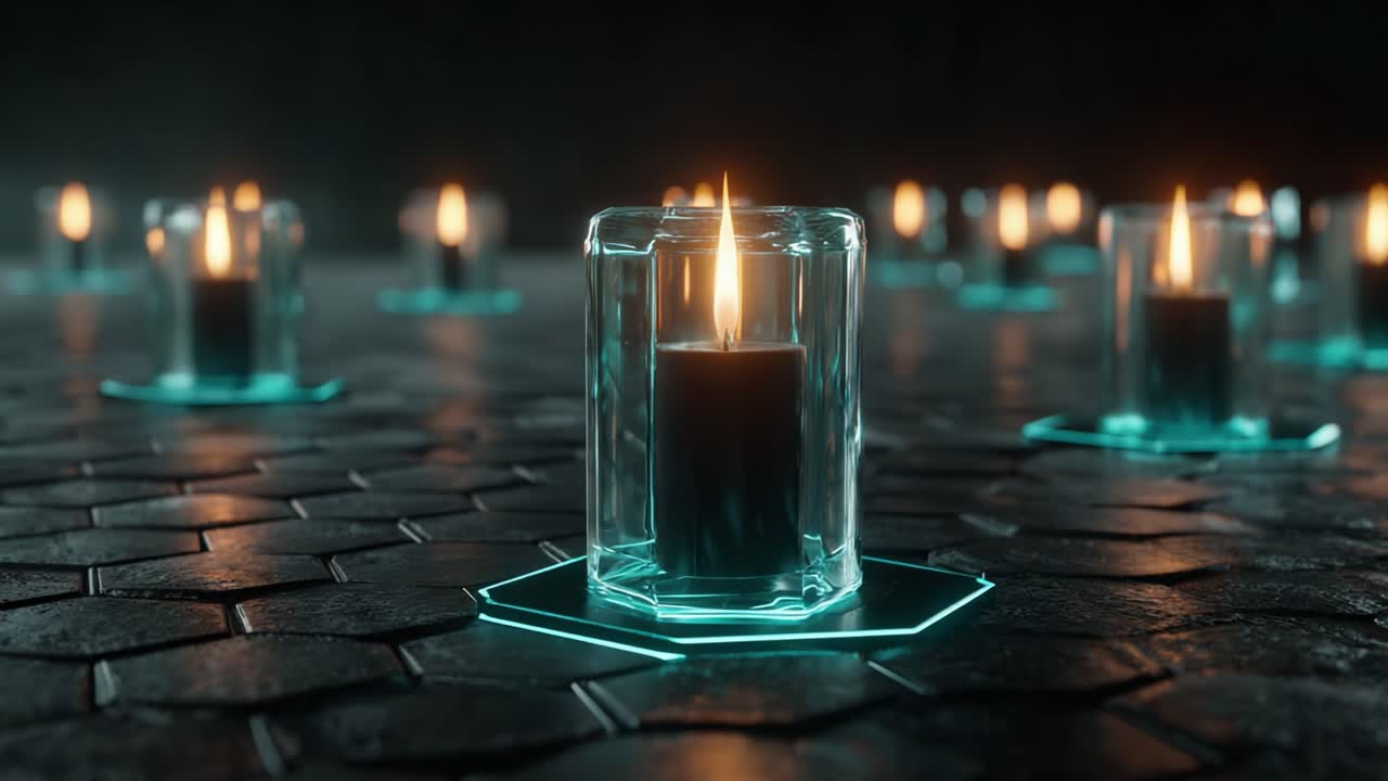 En rolig atmosfære skapt av opplyste lys innelukket i elegante glassholdere på en reflekterende overflate, som forsterker ro og varme i et svakt opplyst miljø