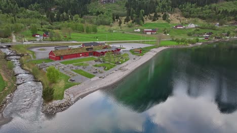 jostedal glacier national park centre and museum close to oppstrynsvatnet lake in norway - visitor center for norways biggest glacier