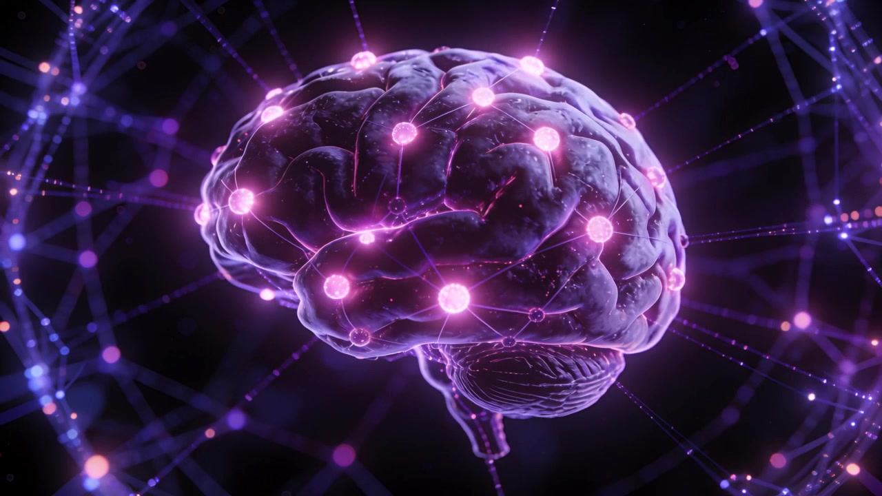 Nodes brightening, 3D brain model pulsing and rotating in dark void, showing neural pulses