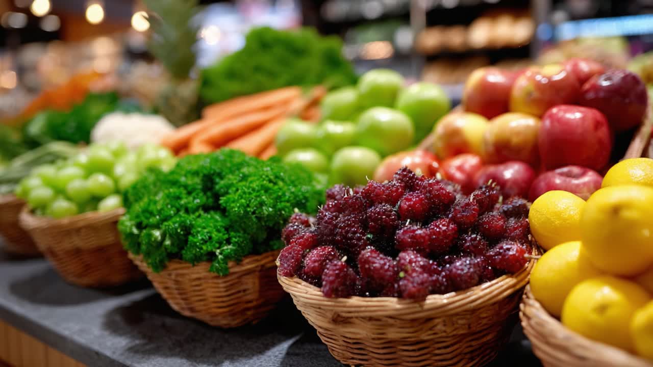 A Vibrant Display of Fresh Fruits and Vegetables in Baskets, Highlighting the Bounty of Nature at an Indoor Marketplace Fresh Produce Section