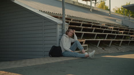 young woman seated thoughtfully on stadium walkway, resting her head on her hand with a black bag beside her, empty bleachers create a serene, reflective background