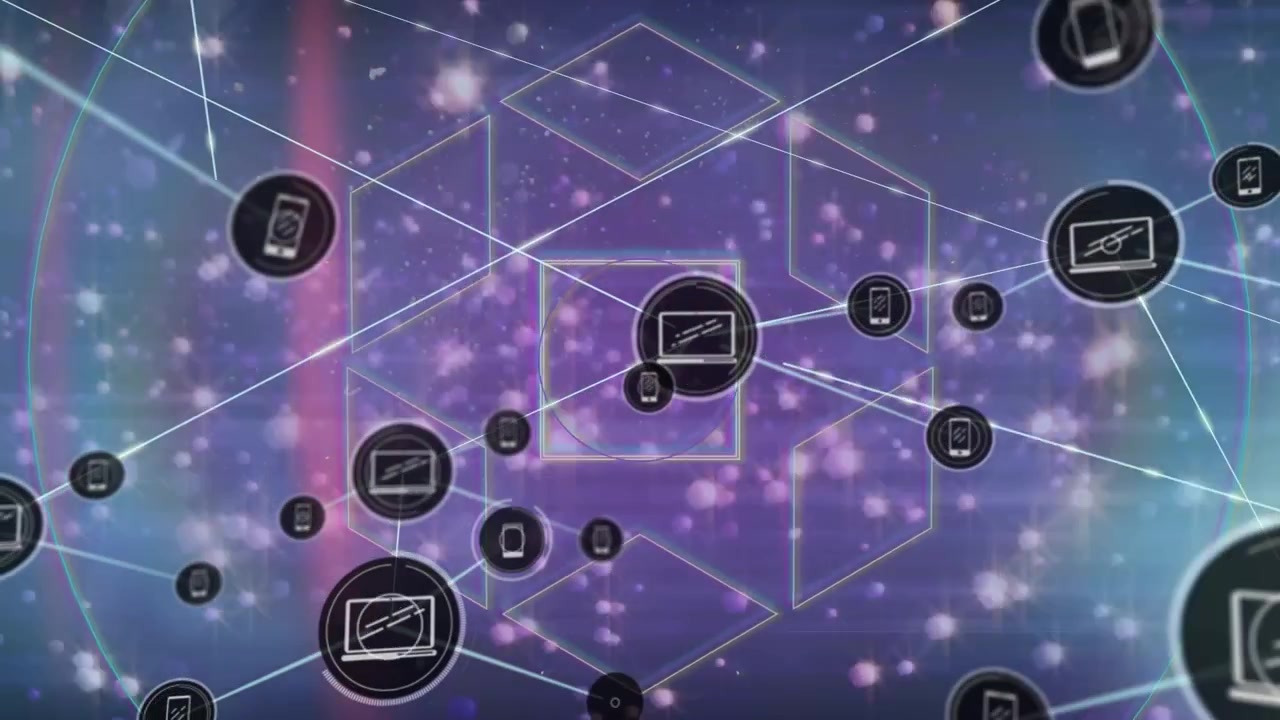 Animation of network of connections with icons over geometrical shapes