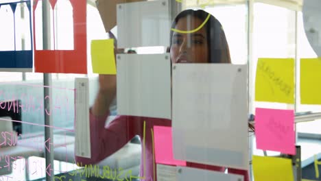 mujer pegando notas adhesivas en vidrio 4k