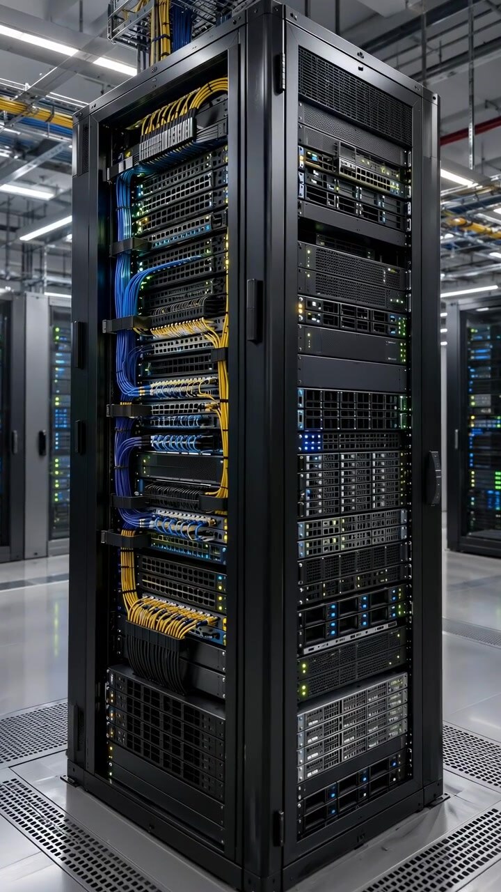 Camera advances toward tall equipment cabinet in clean server room, showing dense rows of mounted devices, bundled colored cables, glowing status lights, reflective floor and surrounding racks.