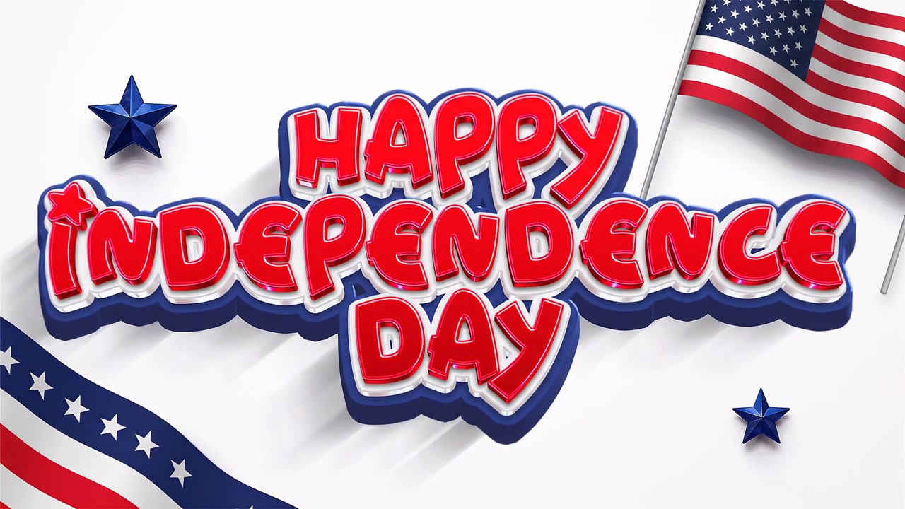 Happy Independence Day Typography With Waving American Flag On Bright Background