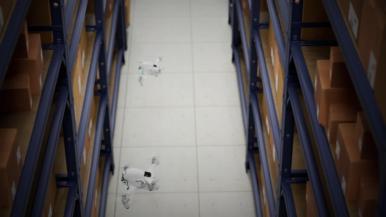 animación con drones de almacén escaneando códigos qr en las cajas de cartón en un estante metálico sistema totalmente automático no tripulado de distribución de carga proceso logístico eficiente coordinado por computadora