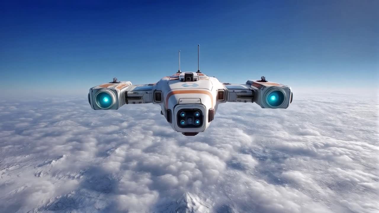 Spaceship flying through clouds