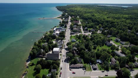 drone shot looking down over bailey's harbor in wisconsin on a sunny day