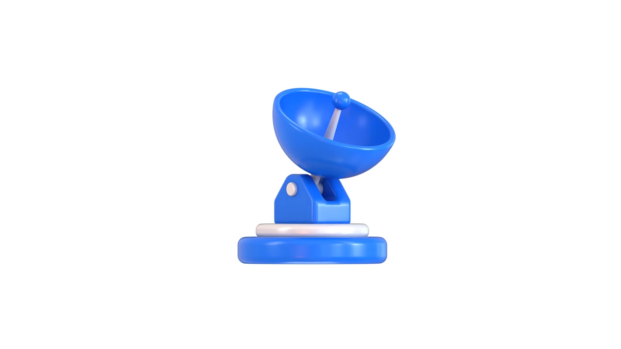 3D Animated Blue Satellite Dish Rotating on White Background