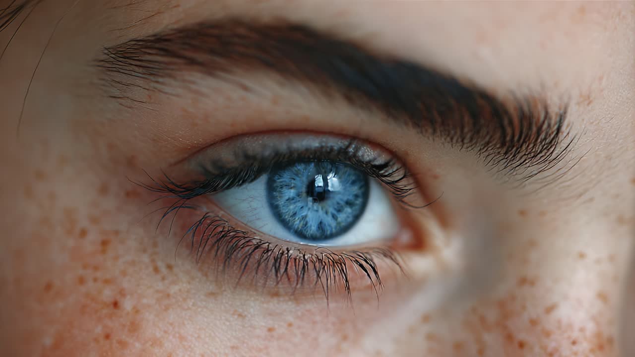 Close-Up of Intricate Blue Eye with Freckles, Capturing Unique Textures and Details in Eyelashes and Iris, Highlighting Natural Beauty and Emotions