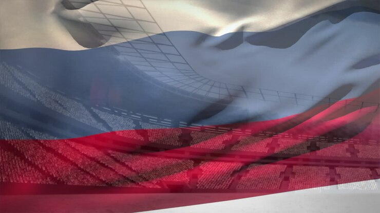 russische flagge und fußballstadion