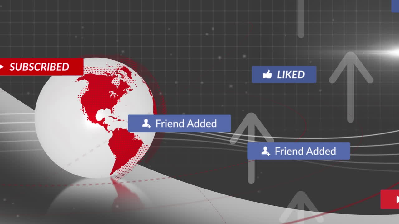 Animation of social media text on banners with globe over arrows on grey