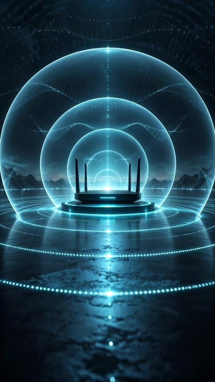 Nested transparent domes change size around central raised platform as view moves closer, while cyan particle waves ripple through darkness and bright reflections sweep across textured ground.