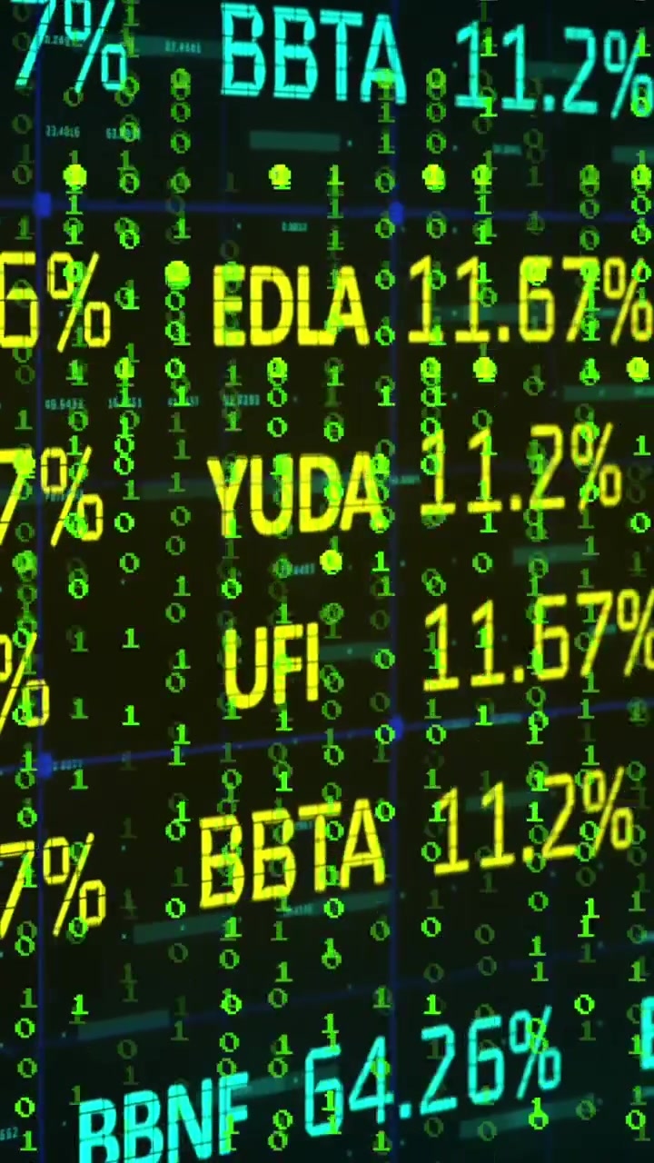 Animazione di codifica binaria e elaborazione dati di borsa su sfondo nero