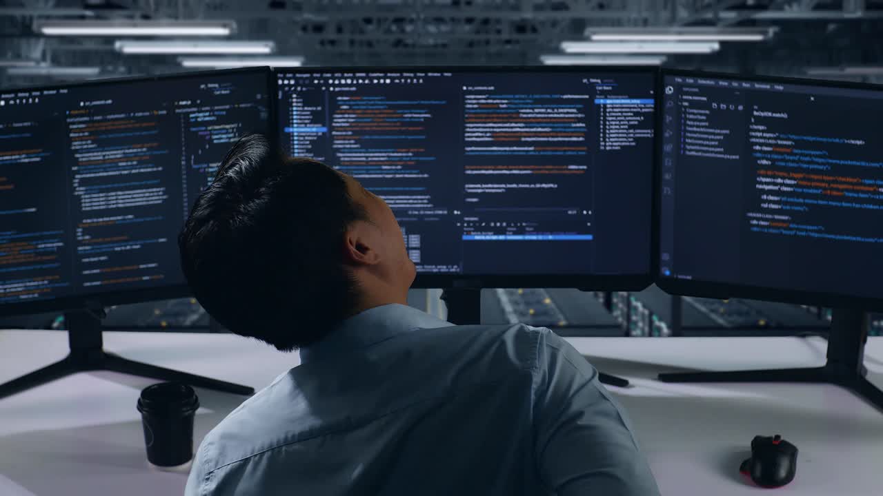 programmatore che guarda più schermi di computer