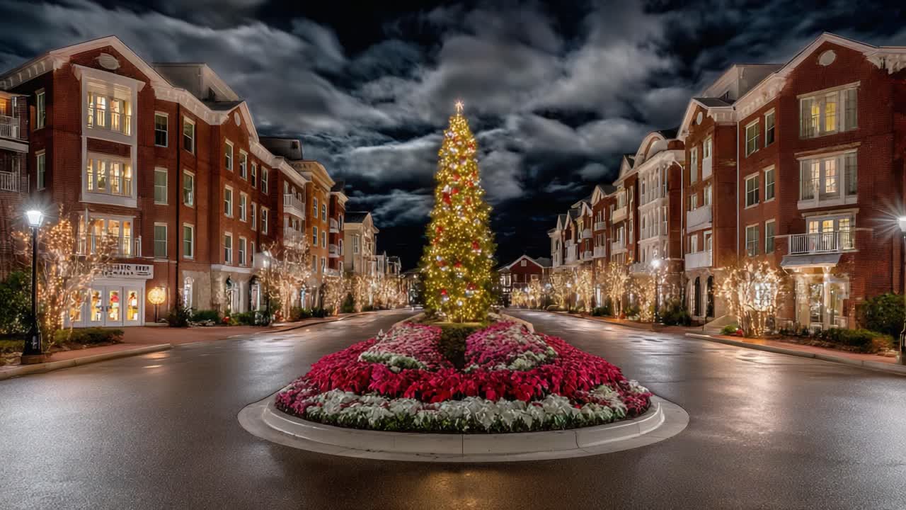 A Festive Night Scene Capturing a Luminous Christmas Tree in the Center of a Beautifully Decorated Boulevard Surrounded by Colorful Flowers and Twinkling Lights