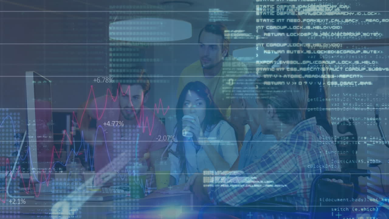 Animation of statistics and financial data processing over diverse business people