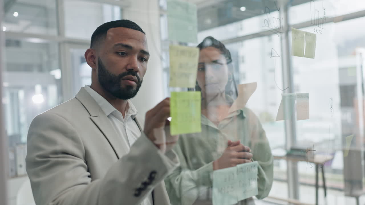 Glass, brainstorming and business people