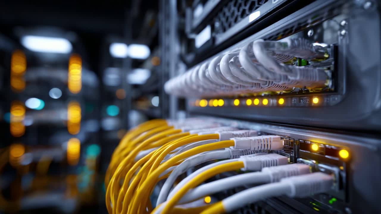 Intricate Close-Up of Network Server Cables and Racks with Illuminated LEDs Showcasing Modern Data Connectivity and Technology Infrastructure in Action