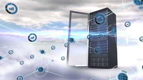 animazione della rete di connessioni con globo e icone statistiche