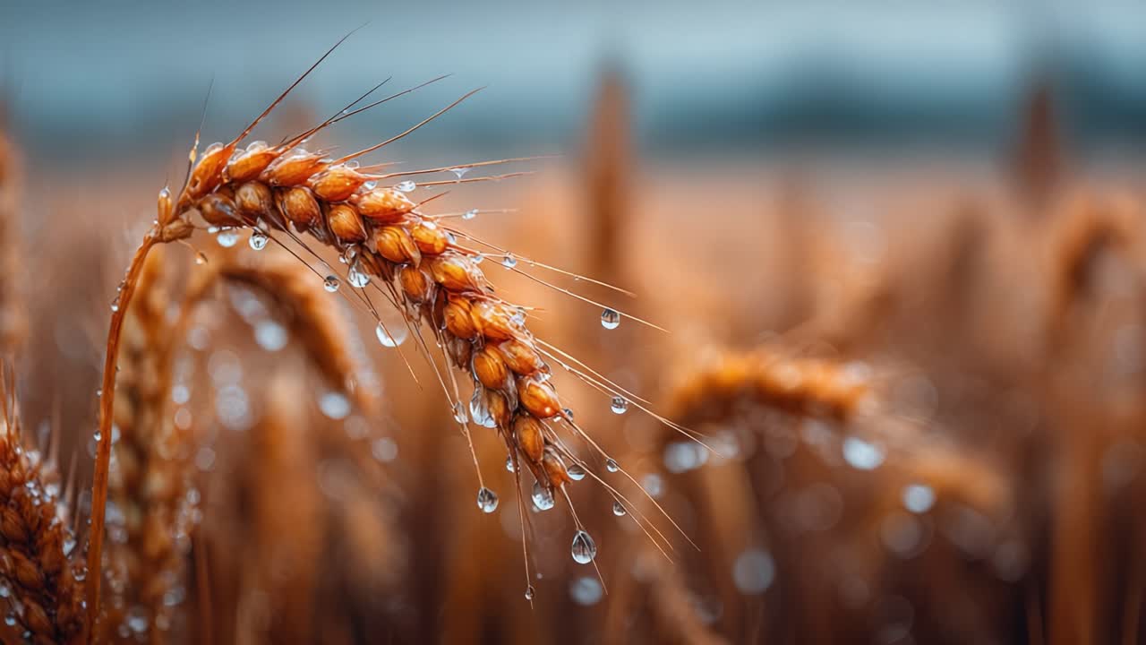 Glistening Wheat: Captivating Close-Up of Golden Wheat Stalks with Water Droplets in a Lush Field During a Serene Atmospheric Moment