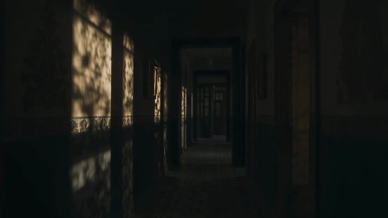 Shifting sunlight through tall windows casting leaf shadows on paneling and arches in corridor