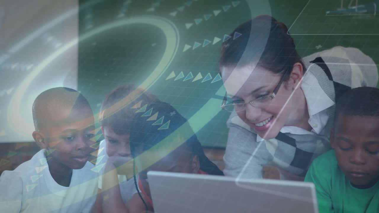 Teacher positioning laptop, guiding lesson, children focusing, animated rings and arrows overlaying