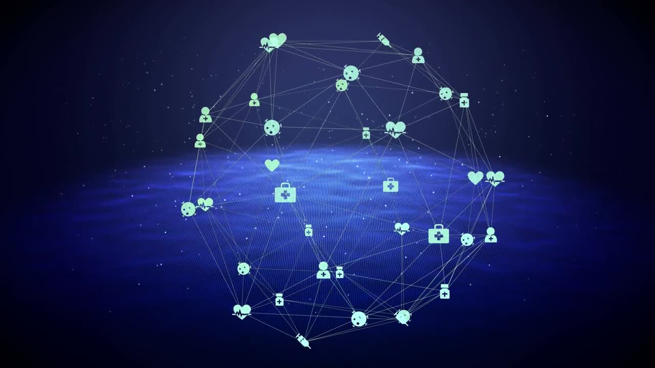 Globe of digital icons against blue waves