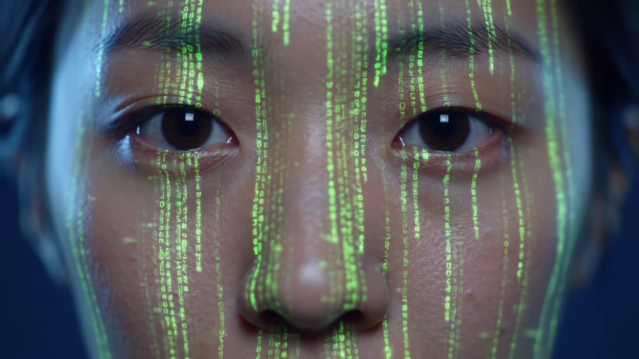 A Close-Up of a Face Engulfed in Digital Matrix Code, Highlighting the Intersection of Technology and Humanity Through Binary Rain on Skin