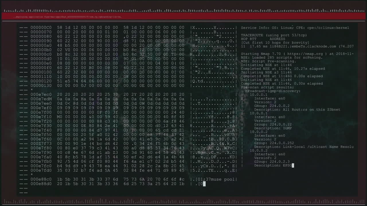 숫자의 애니메이션, 검은 바탕에 인간의 뇌와 터미널 인터페이스의 컴퓨터 언어