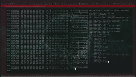 Animation of numbers, computer language in terminal interface with human brain over black background