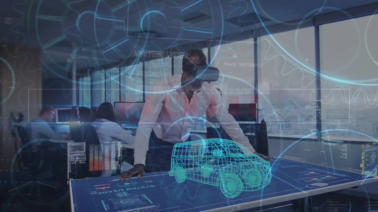 animación de escáneres redondos contra un hombre de negocios afroamericano que usa auriculares vr.