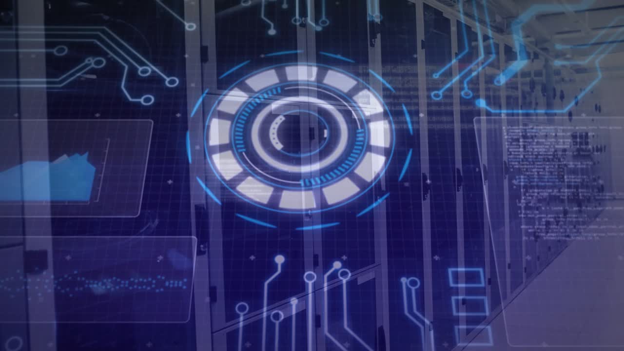 Steady camera holding corridor view, HUD appearing, rotating and pulsing diagnostics over racks