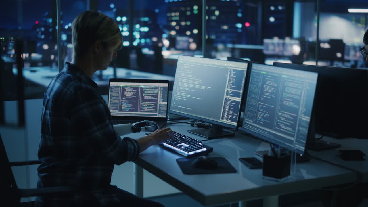 oficina nocturna: programador con discapacidad que utiliza un brazo protésico para trabajar en el teclado de la computadora. uso rápido y natural de la mano myoeléctrica biónica para escribir código para software por la noche. tiro de arco medio