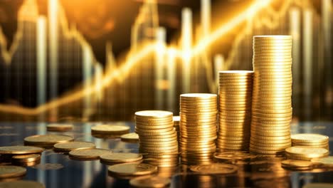 low-angle shot of stacked coins with a blurred stock market graph video. live desktop wallpaper