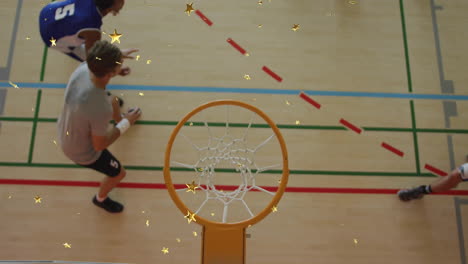players defending near hoop on sports court while animated court line highlights and stats floating