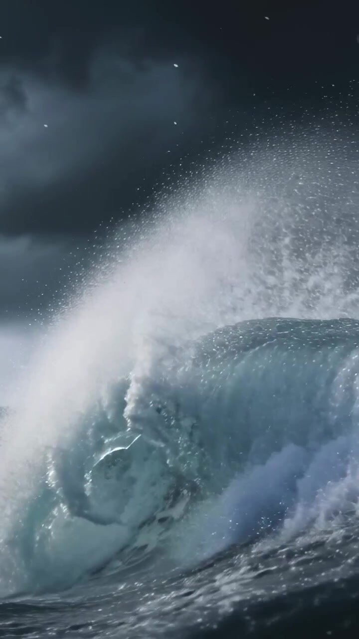 Vertical video: Showing large curling wave breaking at sea, winds whipping spray and building swell