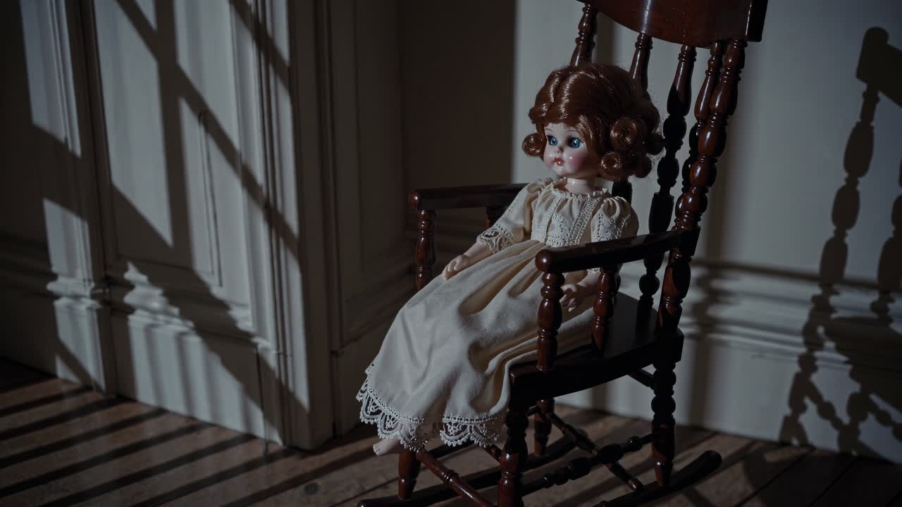 A vintage doll sits in a wooden rocking chair, casting eerie shadows