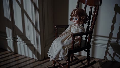 a vintage doll sits in a wooden rocking chair, casting eerie shadows