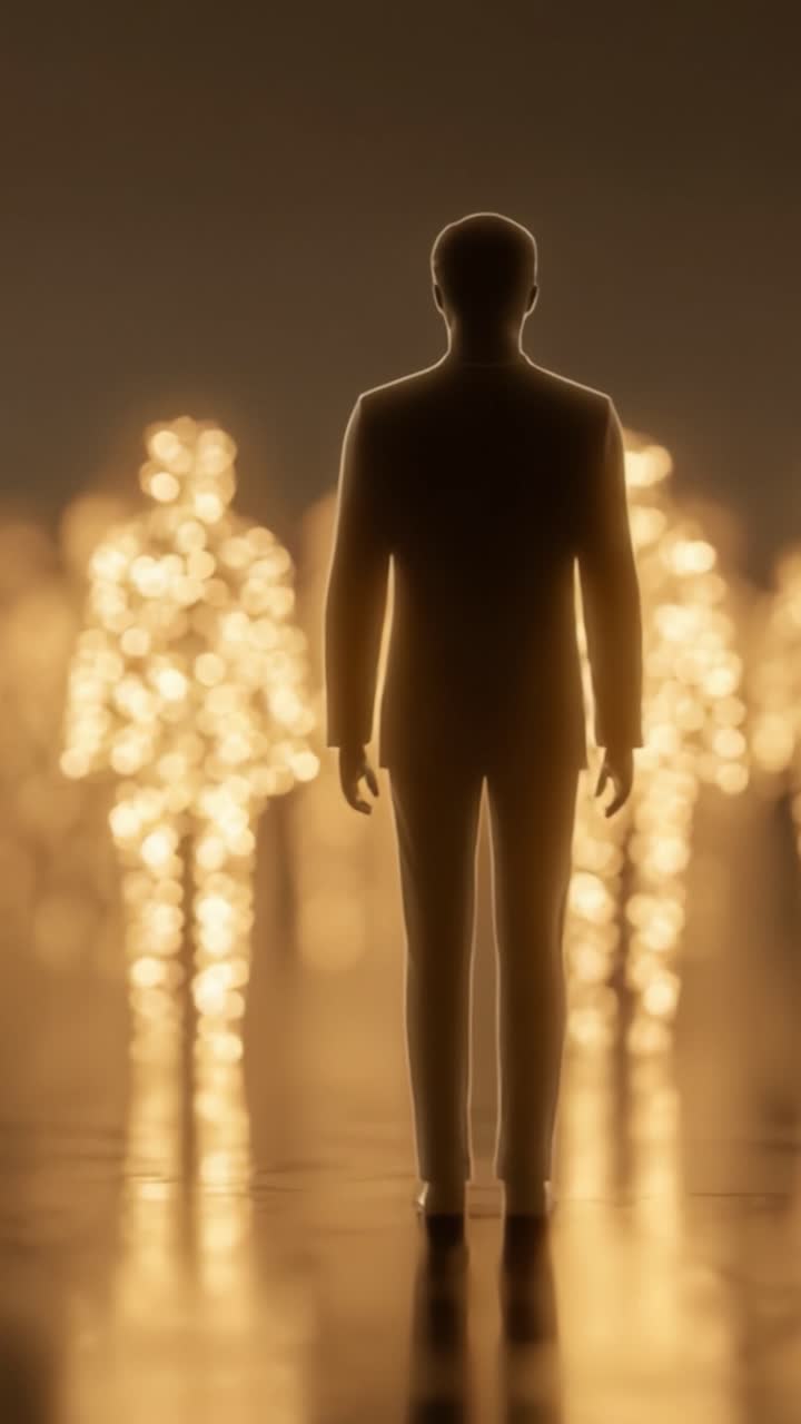 Una figura solitaria circondata da forme eteree luminescenti: una visualizzazione dell'individualità in mezzo alla presenza collettiva.