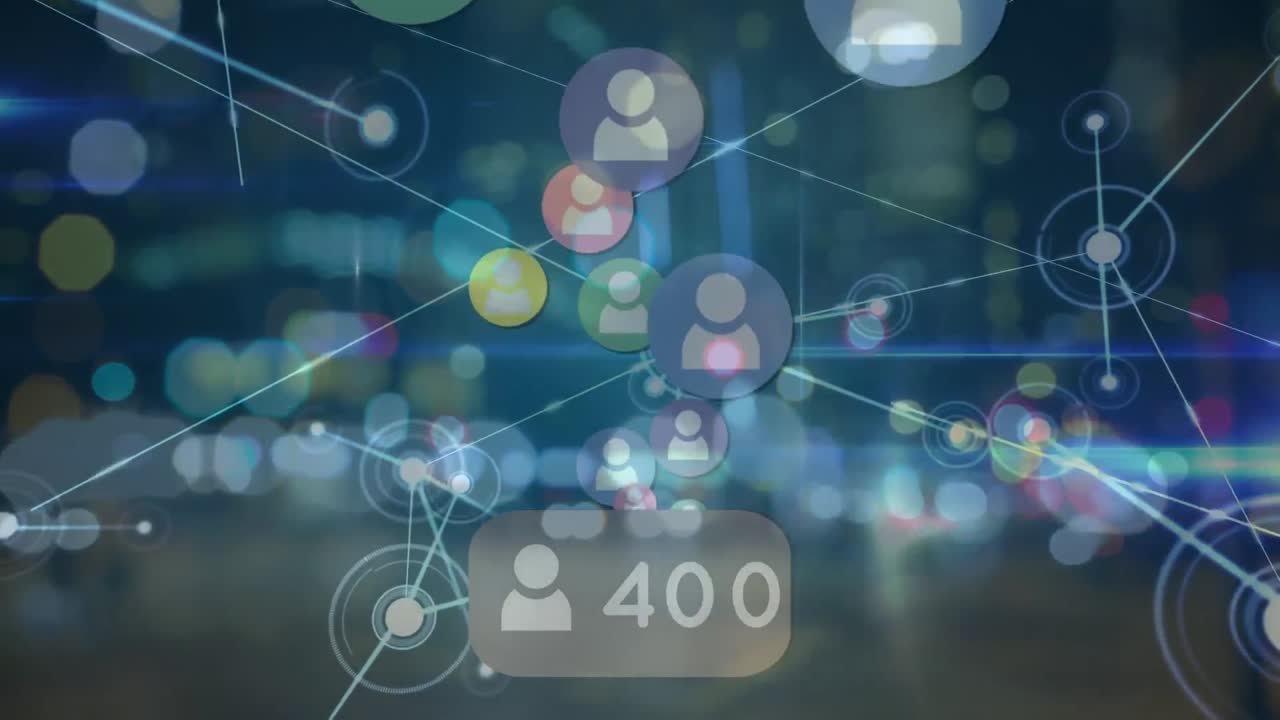 Animazione di rete di connessioni con icone digitali su sfondo di luci della città