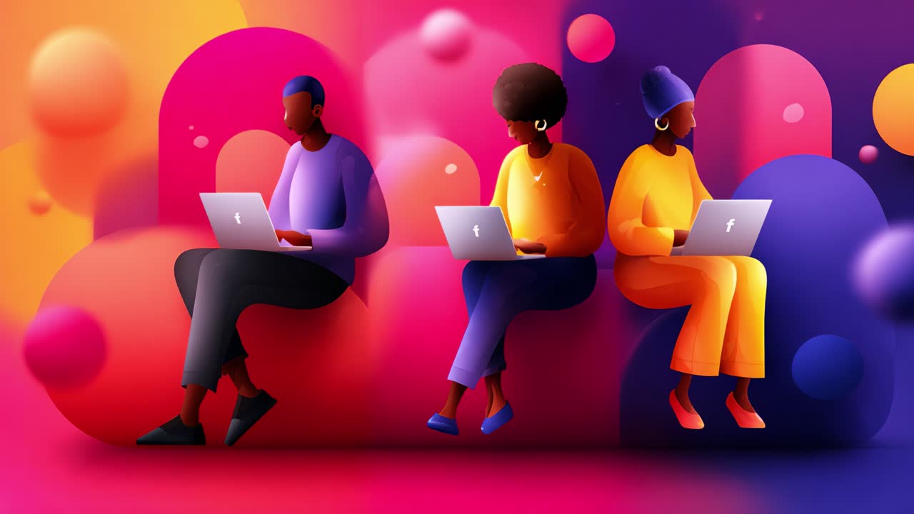 A Vibrant Digital Workspace Illustration Featuring Three Diverse Individuals Engaged in Creative Activities on Laptops Surrounded by Colorful Abstract Shapes and Bubbles