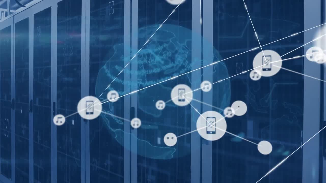 지구의 애니메이션, 연결 네트워크 및 컴퓨터 서버를 통해 데이터 처리