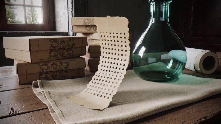 Rising from window draft, perforated paper strip arching above napkin on table with green carafe
