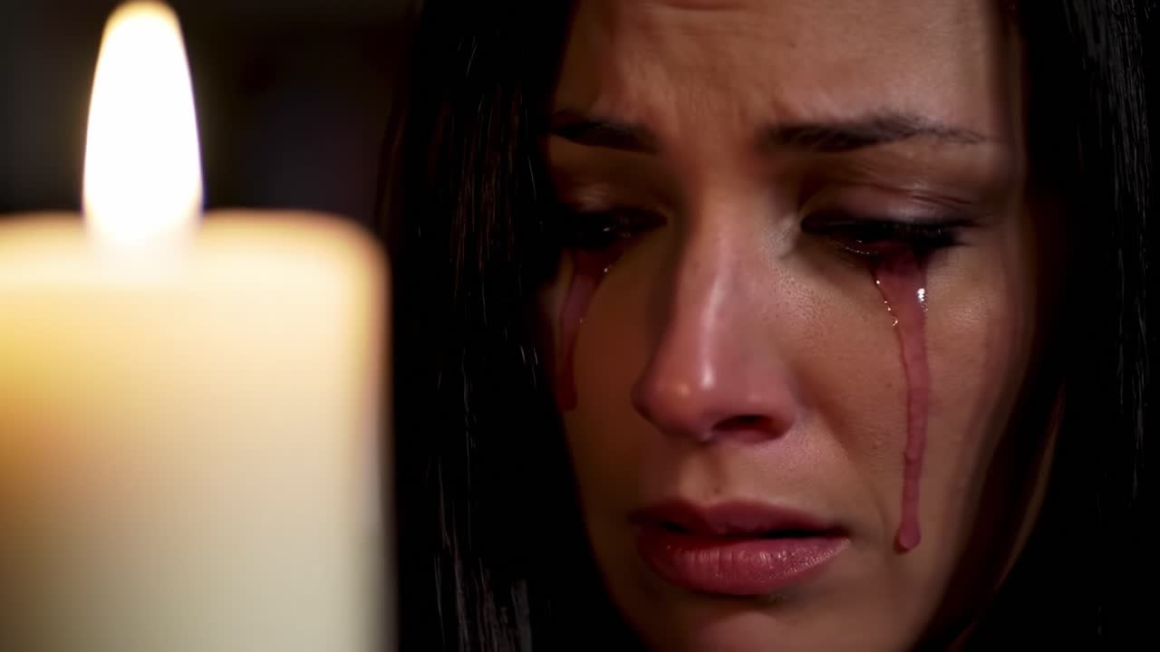 A woman sits in a dim space, tears streaming down her cheeks as she gazes intently at a flickering candle. The soft glow enhances her emotional turmoil.