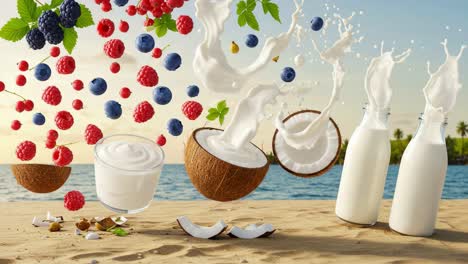 a vibrant display of fresh berries and creamy coconut mixed in a tropical setting, capturing the essence of refreshing flavors and natural ingredients