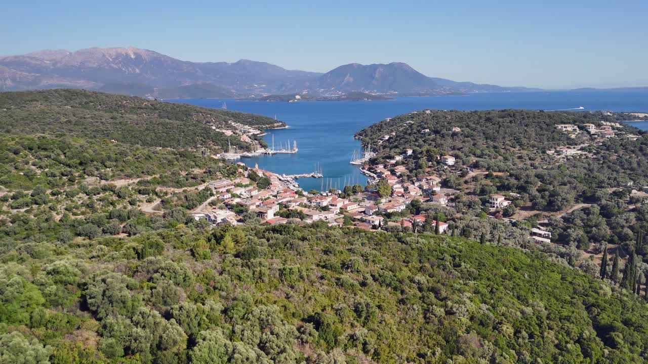 Aerial view of charming ocean bay at Vathy, Greece in Ionian Sea