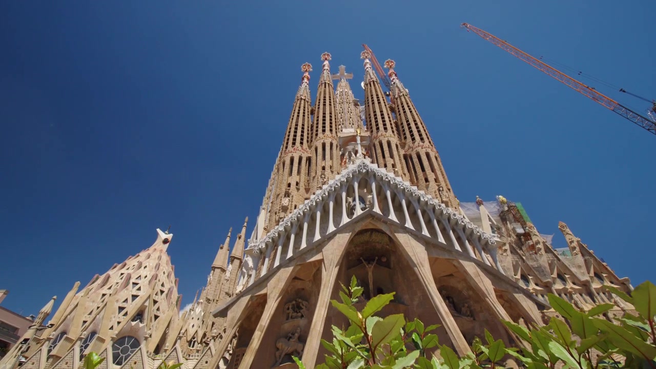 Le torri della Sagrada Familia si ergono sopra il fogliame verde a Barcellona, Spagna, una drammatica vista dal basso del capolavoro di Antoni Gaudí contro il cielo blu intenso del Mediterraneo