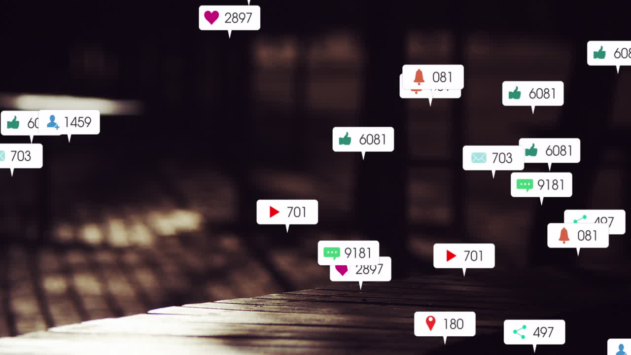 Animation of social media icons and numbers over people walking in fast motion
